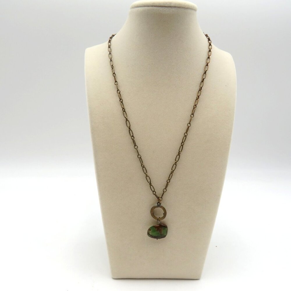 Vintage Handmade Artisan‎ Necklace Jasper Gemstone Brass Chain Dangle Pendant - Picture 3 of 6